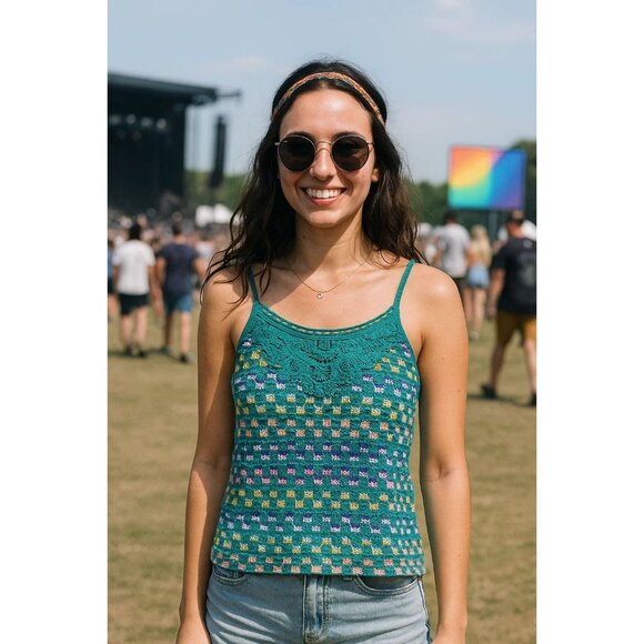 Free People Crochet Spaghetti Strap Tank Lace Bodice Boho Festival XS - Picture 1 of 6